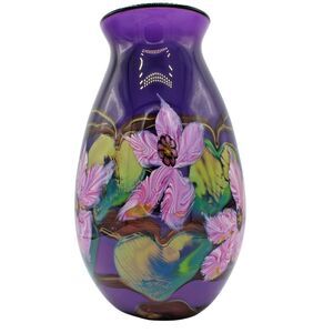 Fields Art Glass Vase Signed Hand Blown Studio Art Purple Pink Floral Botanical